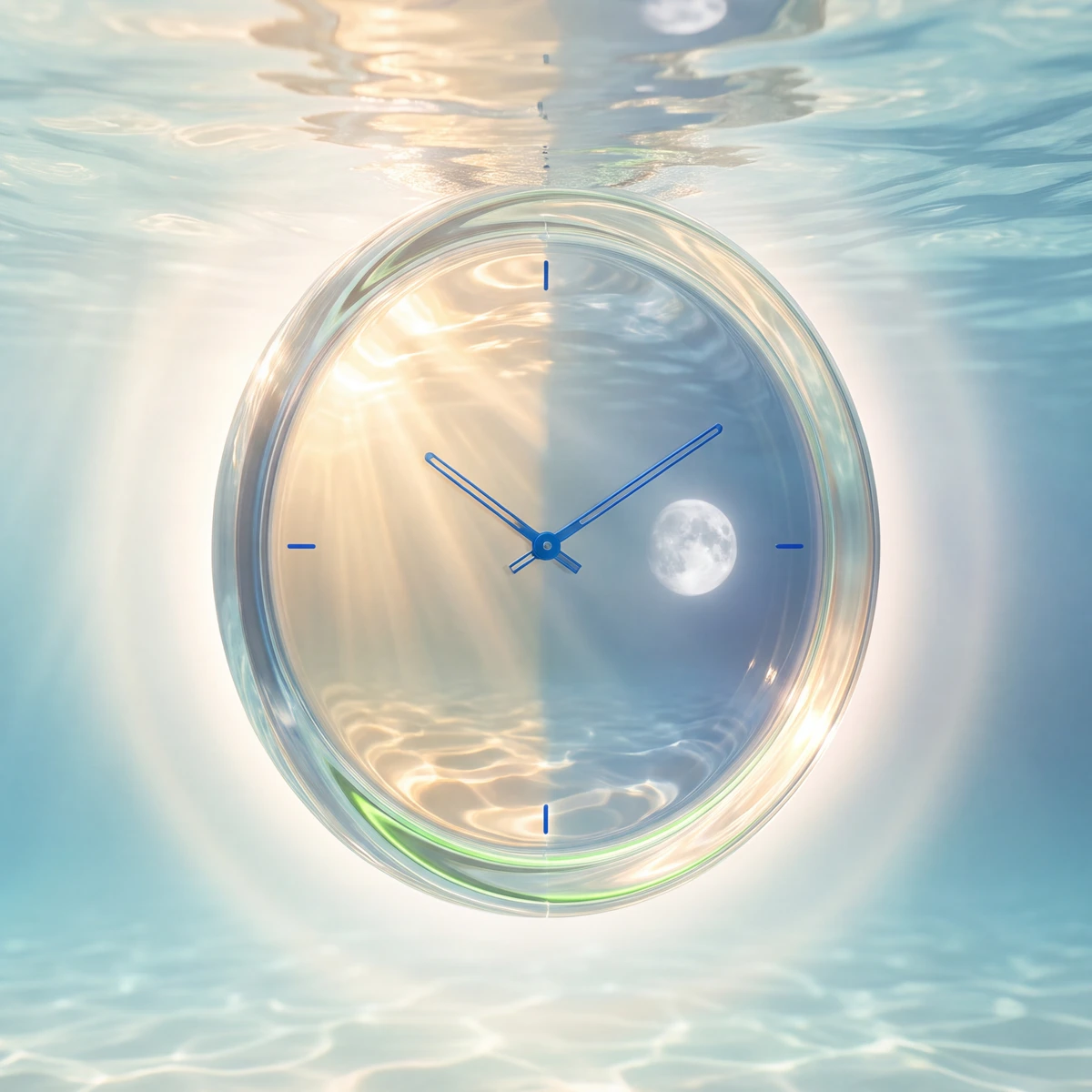 Gläserne Uhr im hellen Wasser zwischen Sonnenlicht und Mondschein.