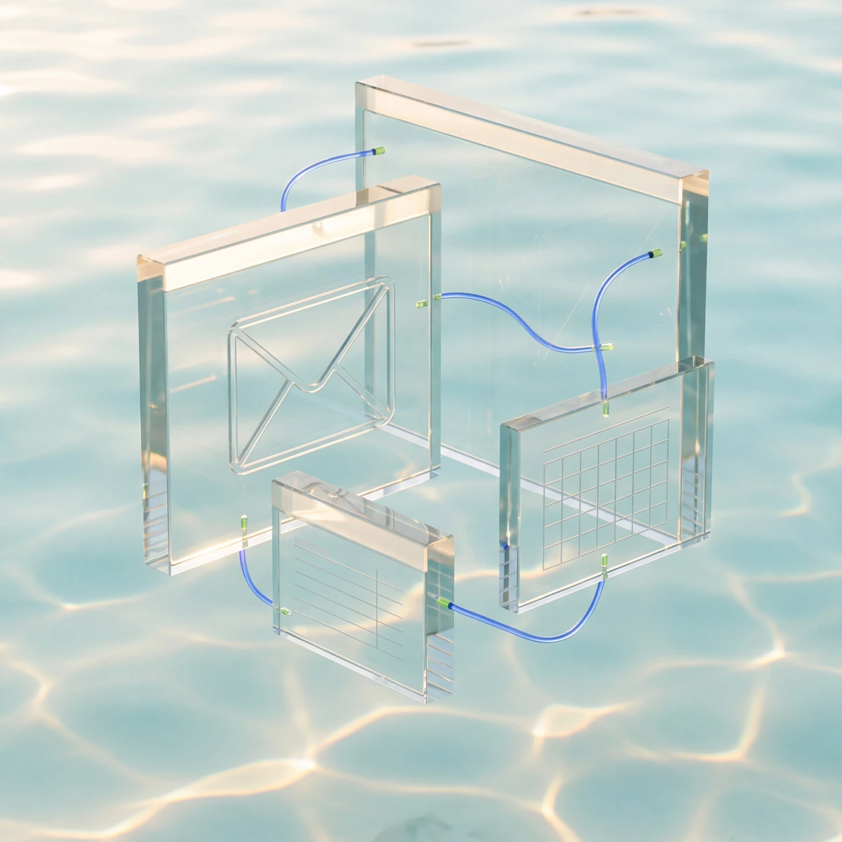 Verbundene gläserne Programmfenster im hellen Wasser.