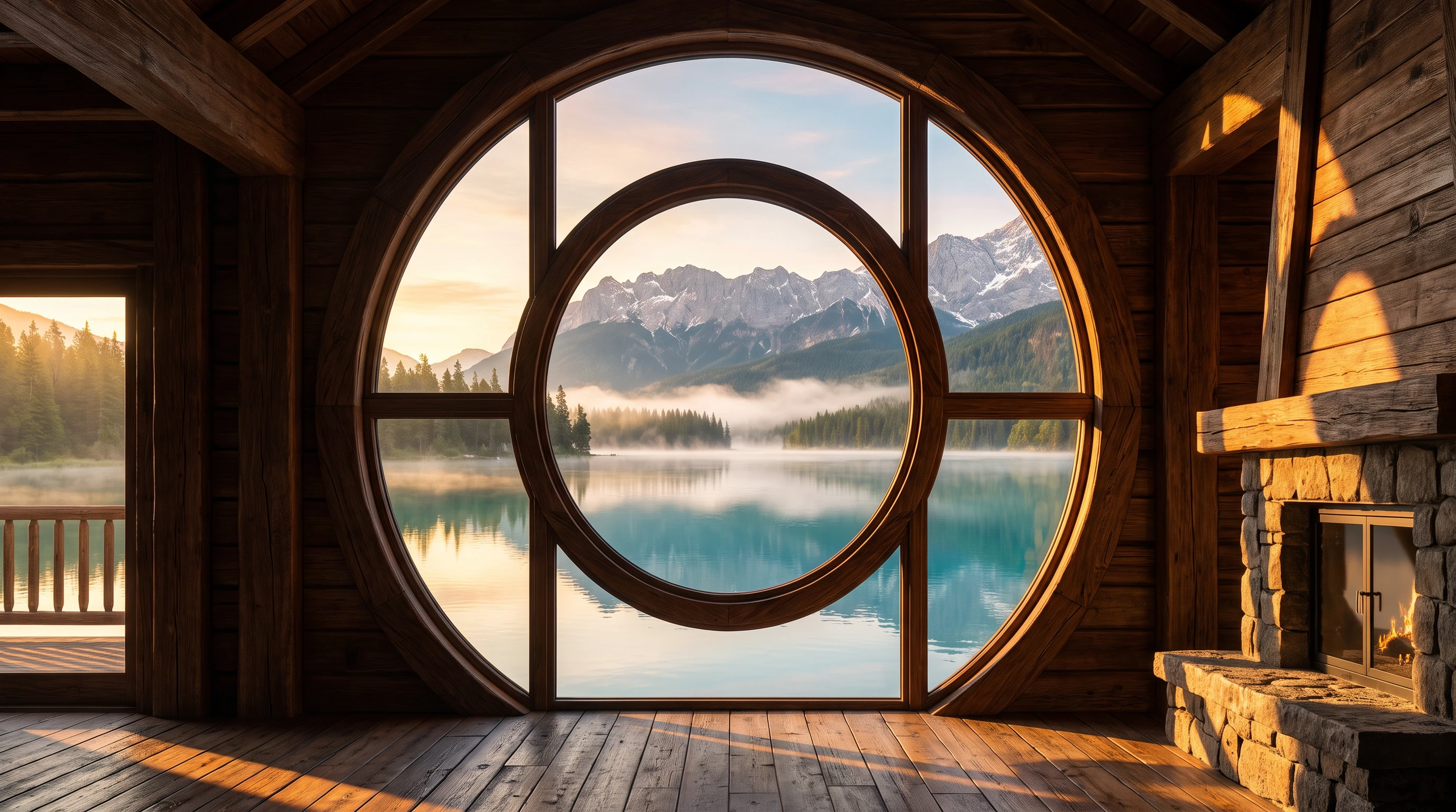 Rundes Holzfenster einer Berghütte mit Blick auf einen Alpensee